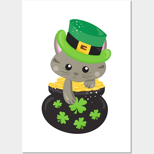 Saint Patrick's Day Cat, Clovers, Pot Of Gold Wall Art by Jelena Dunčević